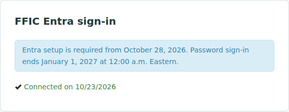 Profile Entra section showing Connected after verified sign-in.