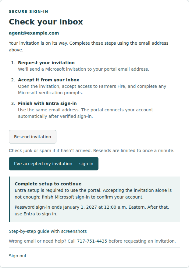 Check your inbox page showing invitation instructions, resend invitation, and sign in after accepting.