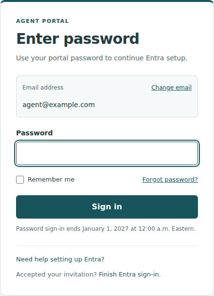 Password step for an account that has not completed Entra setup, with a change-email link.