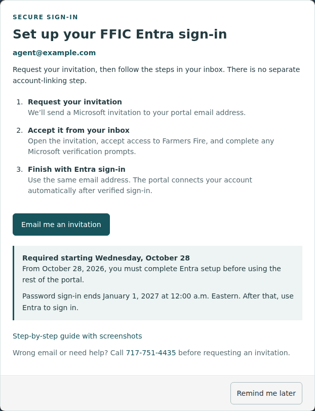 Updated Entra setup popup with one Email me an invitation action and the rollout deadlines.